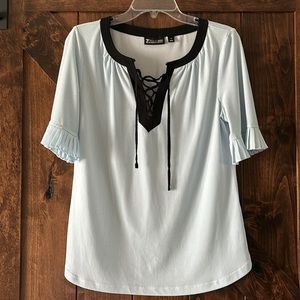 NY and Co Blue Striped Top with neck detail sz M